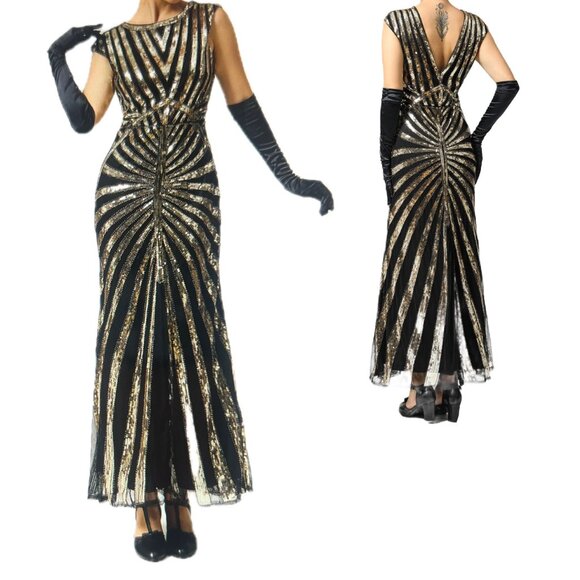 Fundaisy 1920 Long Gown Sequin Maxi Dress Black Gold Costume Size Small - Picture 1 of 12